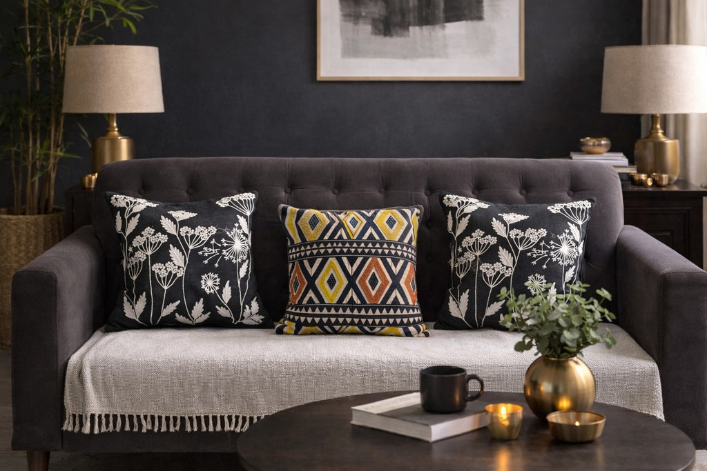 Quirky Abstract Diamond BlossomCotton Denim Cushion CoverYellow Black Set of 3 16 x 16 inch