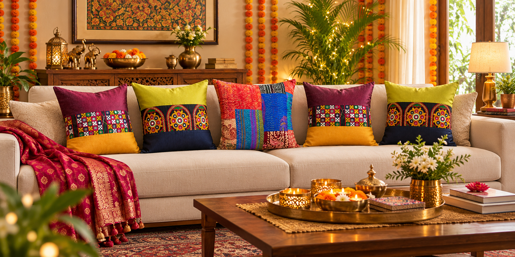 Cushion Cover 16 x 16 inches Handcrafted Festive Heritage Mirror-work and Embroidery Slub Silk