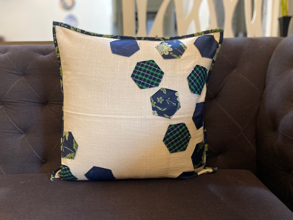 Decorative Hexagon Patchwork Off white Outdoor Cotton Linen Cushion Cover Size 16"x16"