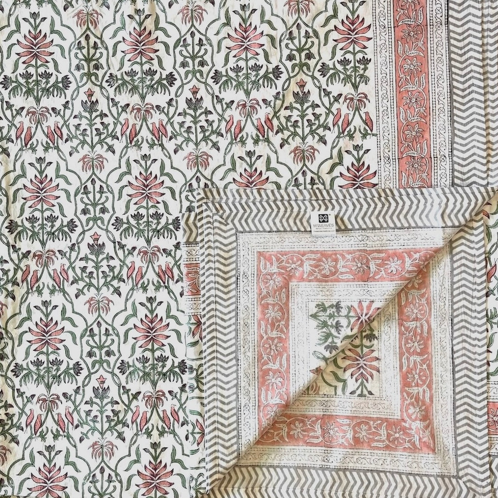 Hand Block Printed Floral Loom White-Peach Cotton Bedsheet Super King Size-108"x108"