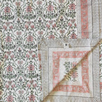 Hand Block Printed Floral Loom White-Peach Cotton Bedsheet Super King Size-108"x108"