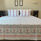 Hand Block Printed Floral Loom White-Peach Cotton Bedsheet Super King Size-108"x108"