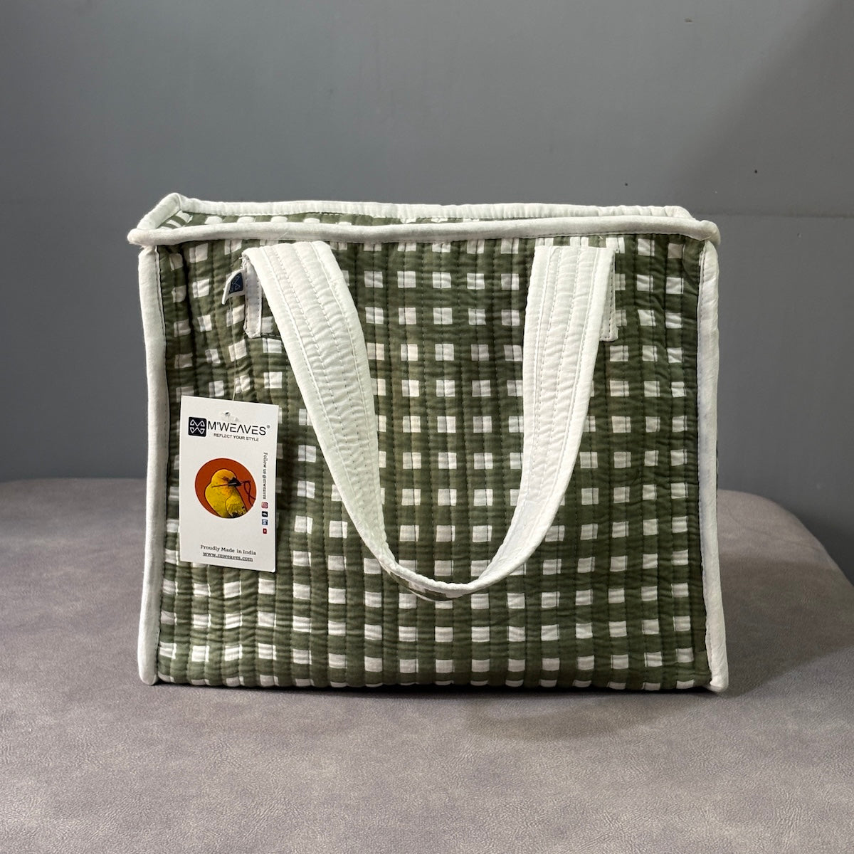 Forest Checks Quilted Cotton Lunch Bag size 12 x 12 inch