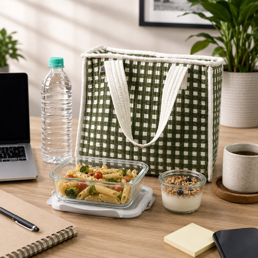 Forest Checks Quilted Cotton Lunch Bag size 12 x 12 inch