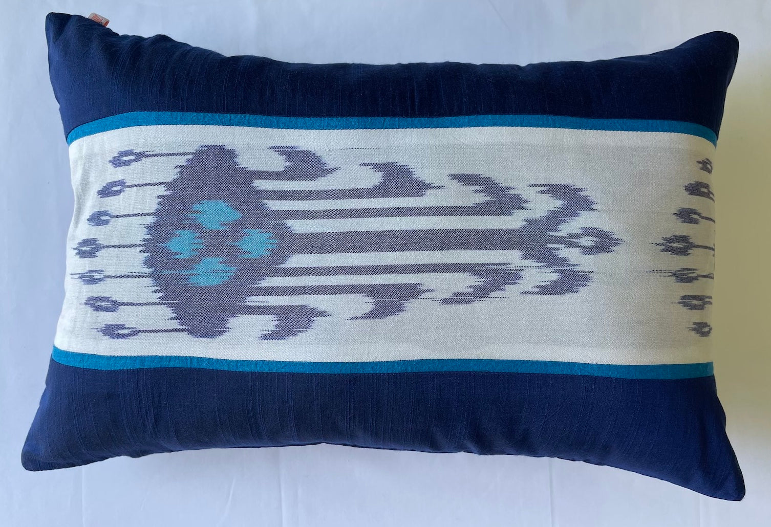 Heritage Ikat Blue Cotton Lumbar Cushion Cover with filler 12 x 18 inch