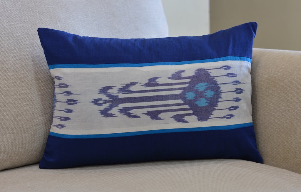 Heritage Ikat Blue Cotton Lumbar Cushion Cover with filler 12 x 18 inch