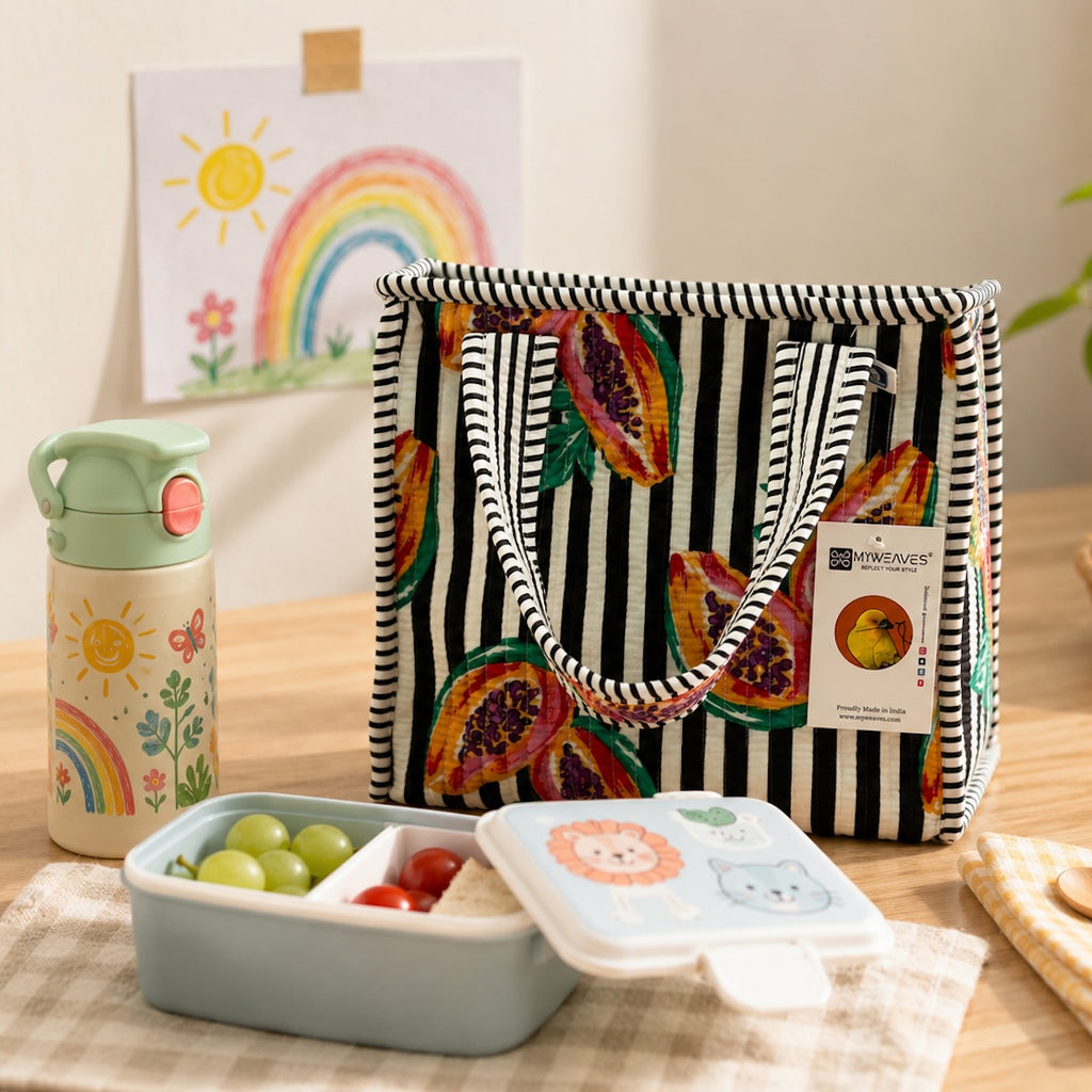 Coffee Stripes Quilted Cotton Lunch Bag