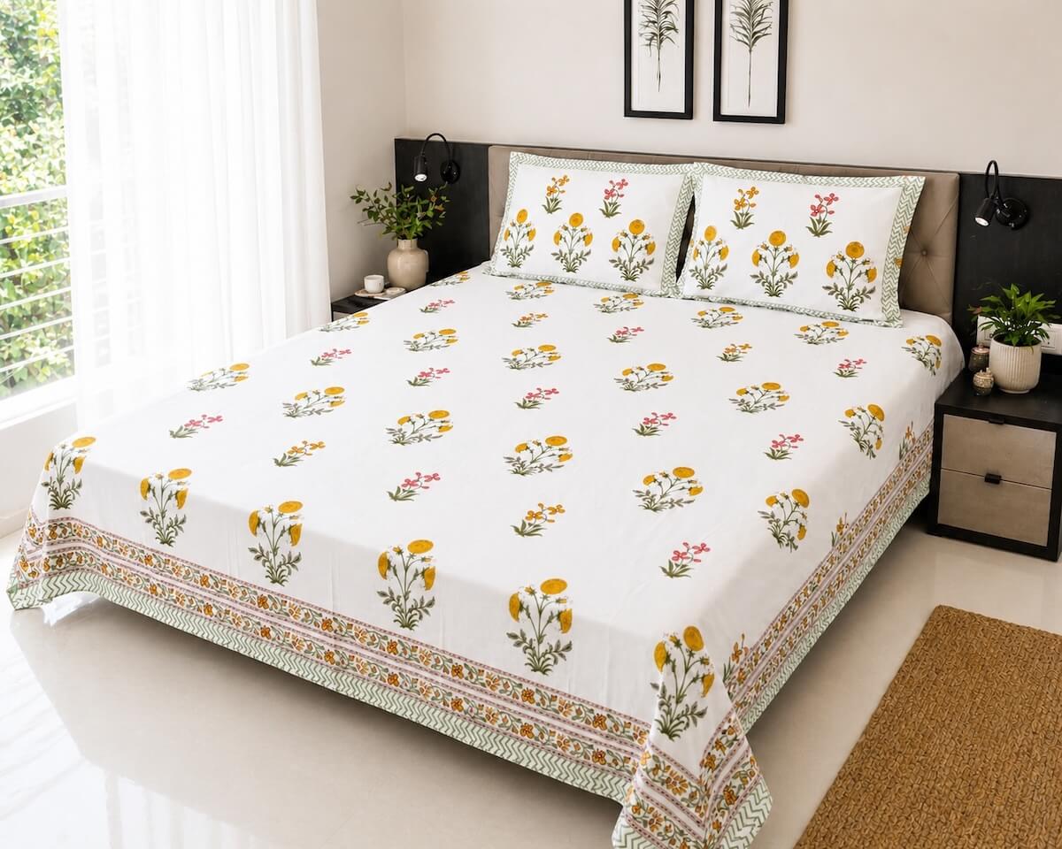 White yellow marigold Jaipur block printed cotton king size bed sheet set styled on bed 90x108 inch