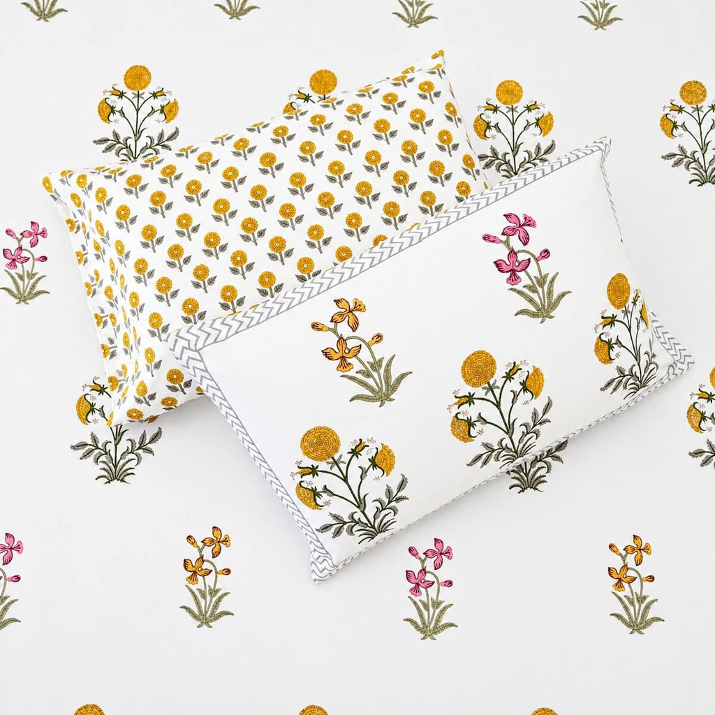White yellow marigold block print cotton pillow cover 17x27 inch matching king bed sheet set