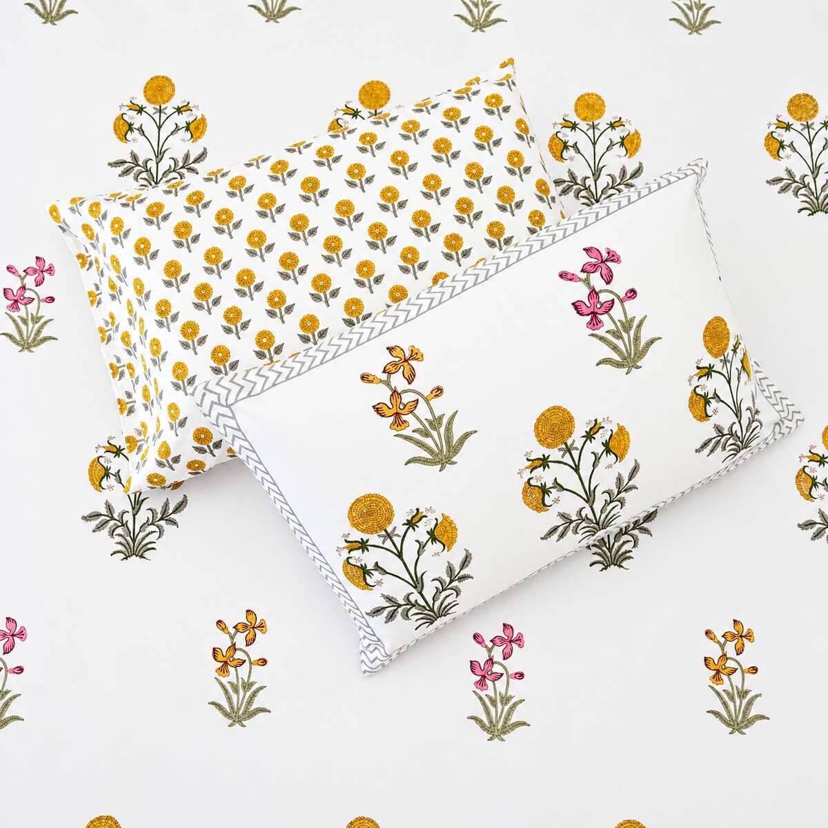 White yellow marigold block print cotton pillow cover 17x27 inch matching king bed sheet set