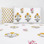 White yellow marigold floral block print cotton king size bed sheet with pillow covers 90x108 inch