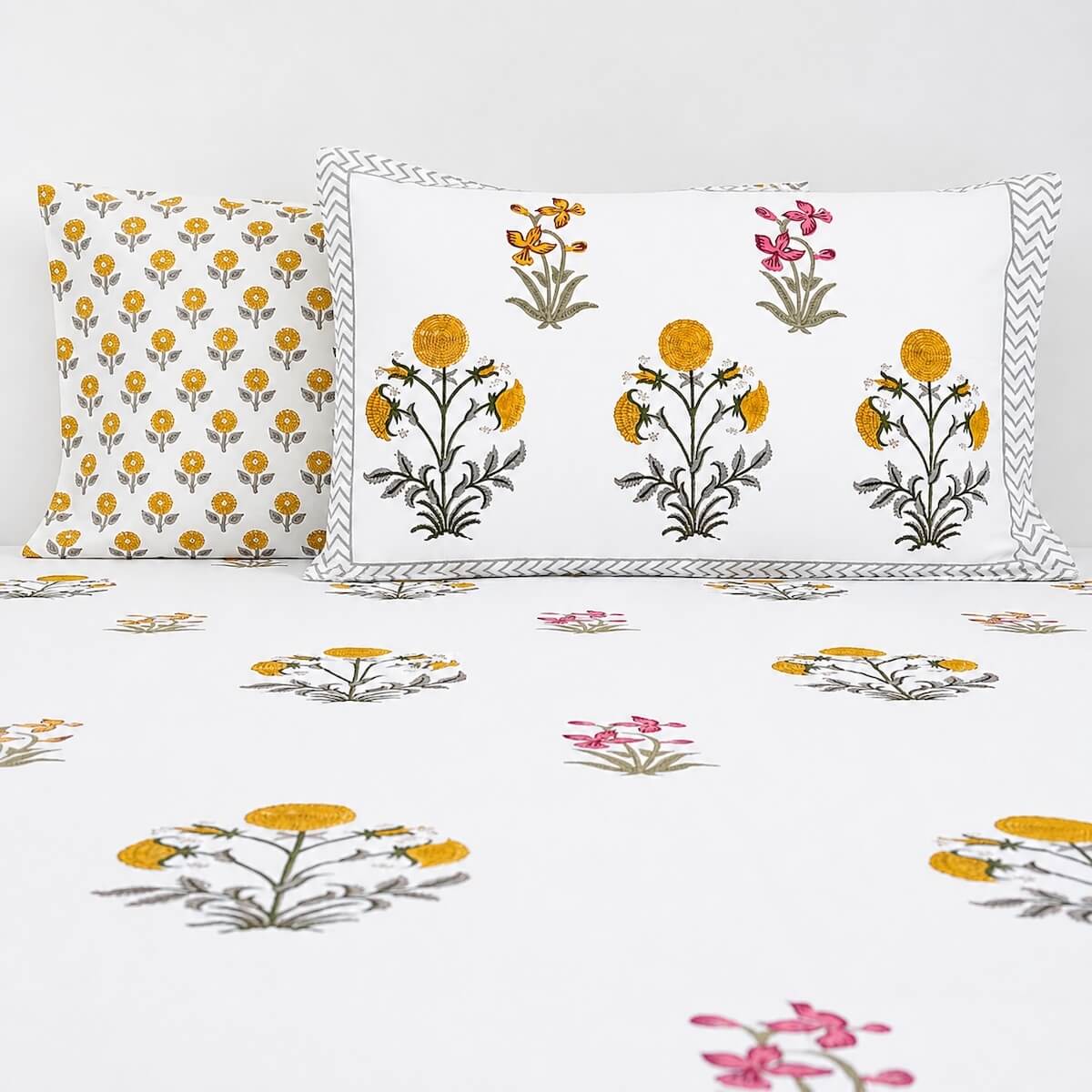 White yellow marigold floral block print cotton king size bed sheet with pillow covers 90x108 inch