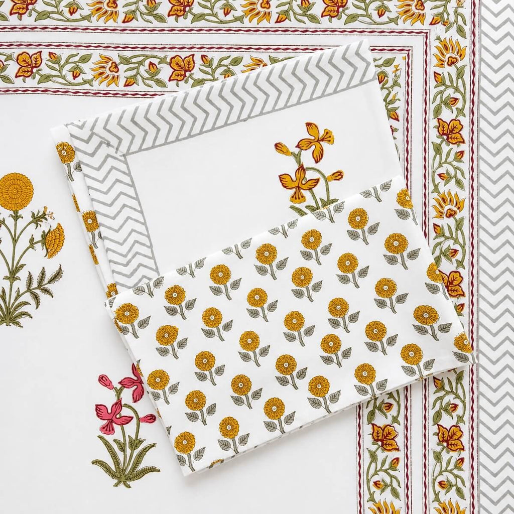 Hand block printed white yellow marigold floral cotton king size bed sheet folded 90x108 inch