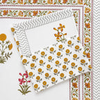 Hand block printed white yellow marigold floral cotton king size bed sheet folded 90x108 inch