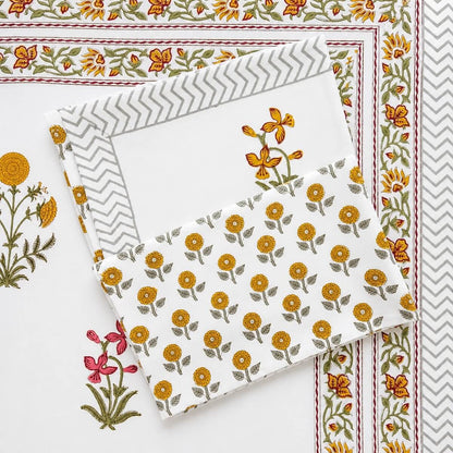 Hand block printed white yellow marigold floral cotton king size bed sheet folded 90x108 inch
