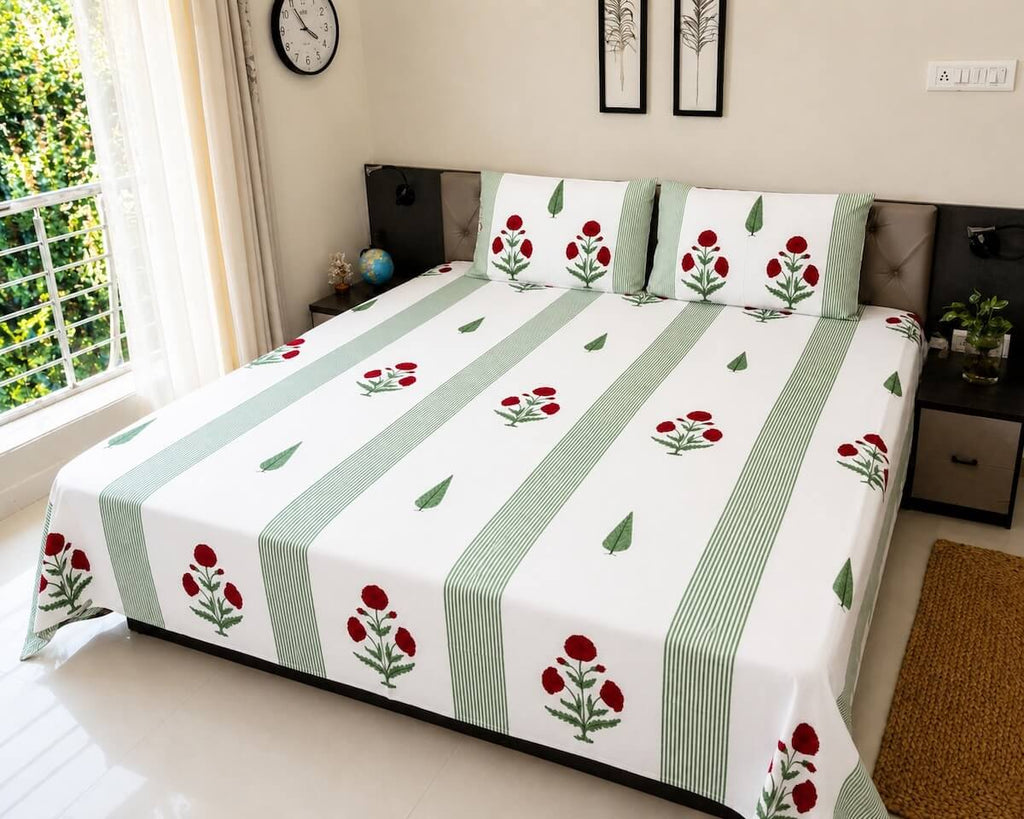 White green stripe red floral block print cotton king size bed sheet with pillow covers 90x108 inch