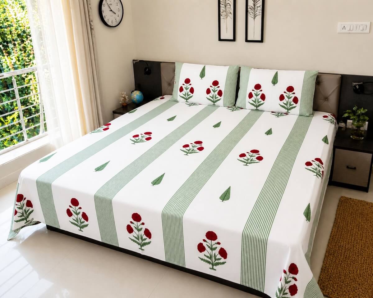 White green stripe red floral block print cotton king size bed sheet with pillow covers 90x108 inch