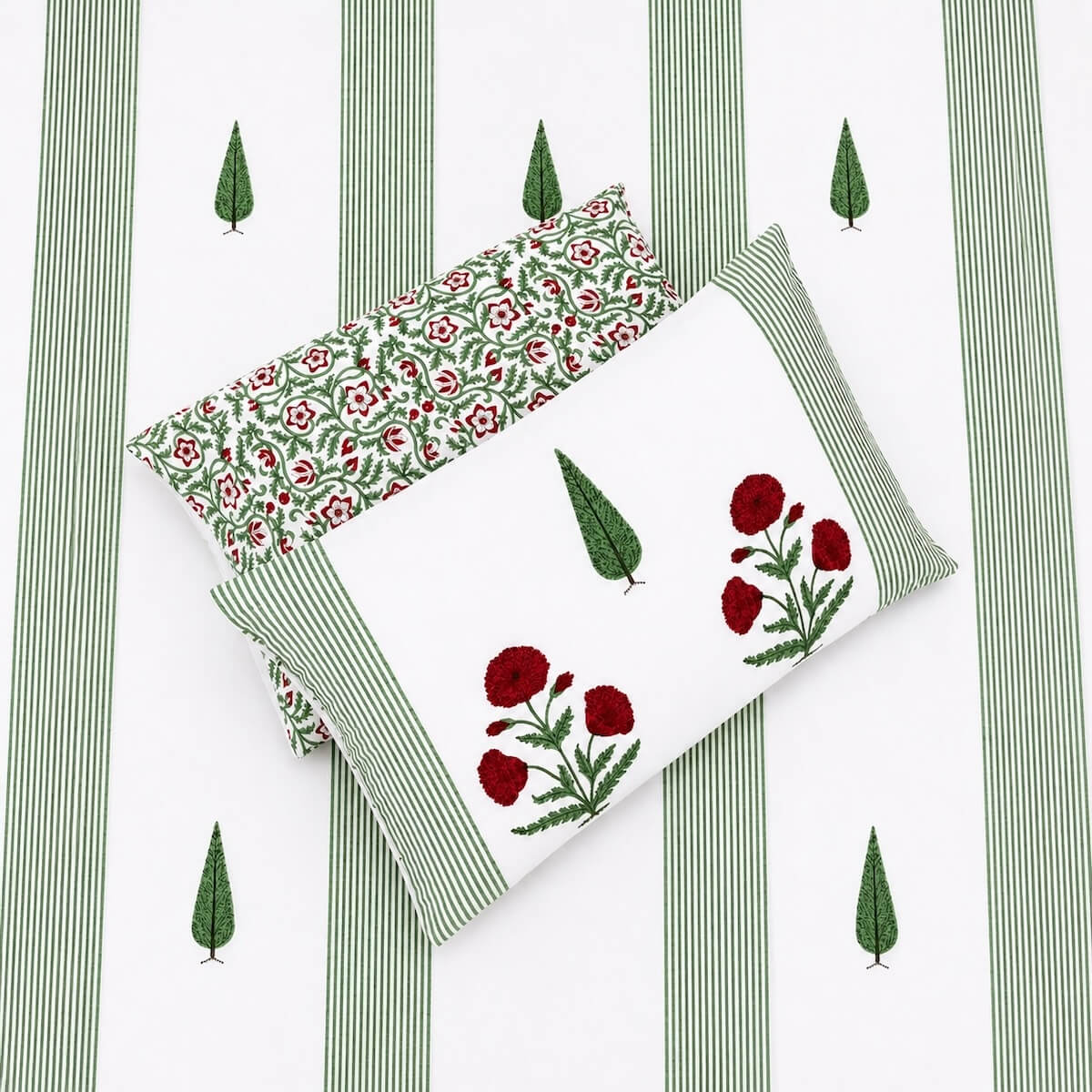 White green stripe red floral block print cotton pillow cover 17x27 inch matching king bed sheet set
