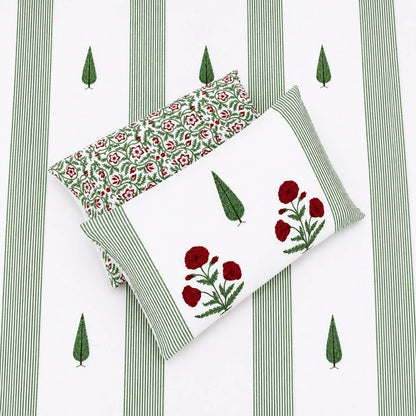 White green stripe red floral block print cotton pillow cover 17x27 inch matching king bed sheet set