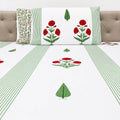 White green stripe red floral block print cotton king size bed sheet with pillow covers 90x108 inch