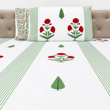 White green stripe red floral block print cotton king size bed sheet with pillow covers 90x108 inch