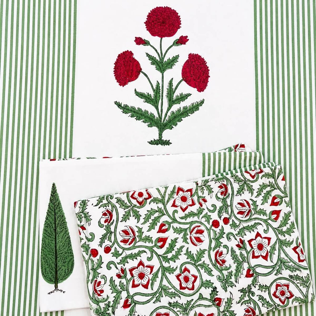 Hand block printed white green stripe red floral cotton king size bed sheet folded 90x108 inch