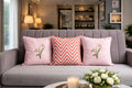Hand Embroidered Flower Bud Zigzag Dupion Silk & Cotton Cushion Cover Pink Set of 3 16 x 16 inch