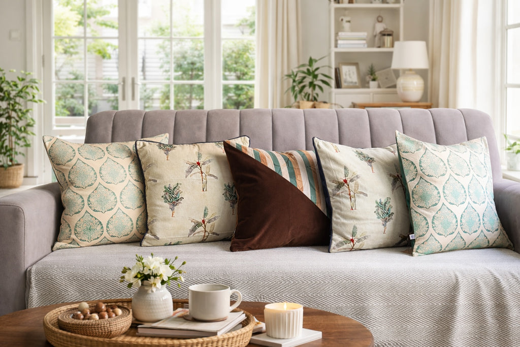 Tropical Pan Stripe Banana Leaf Pattern PrintedVelvet Cushion Cover Offwhite Green Set of 5 16 x 16 inch