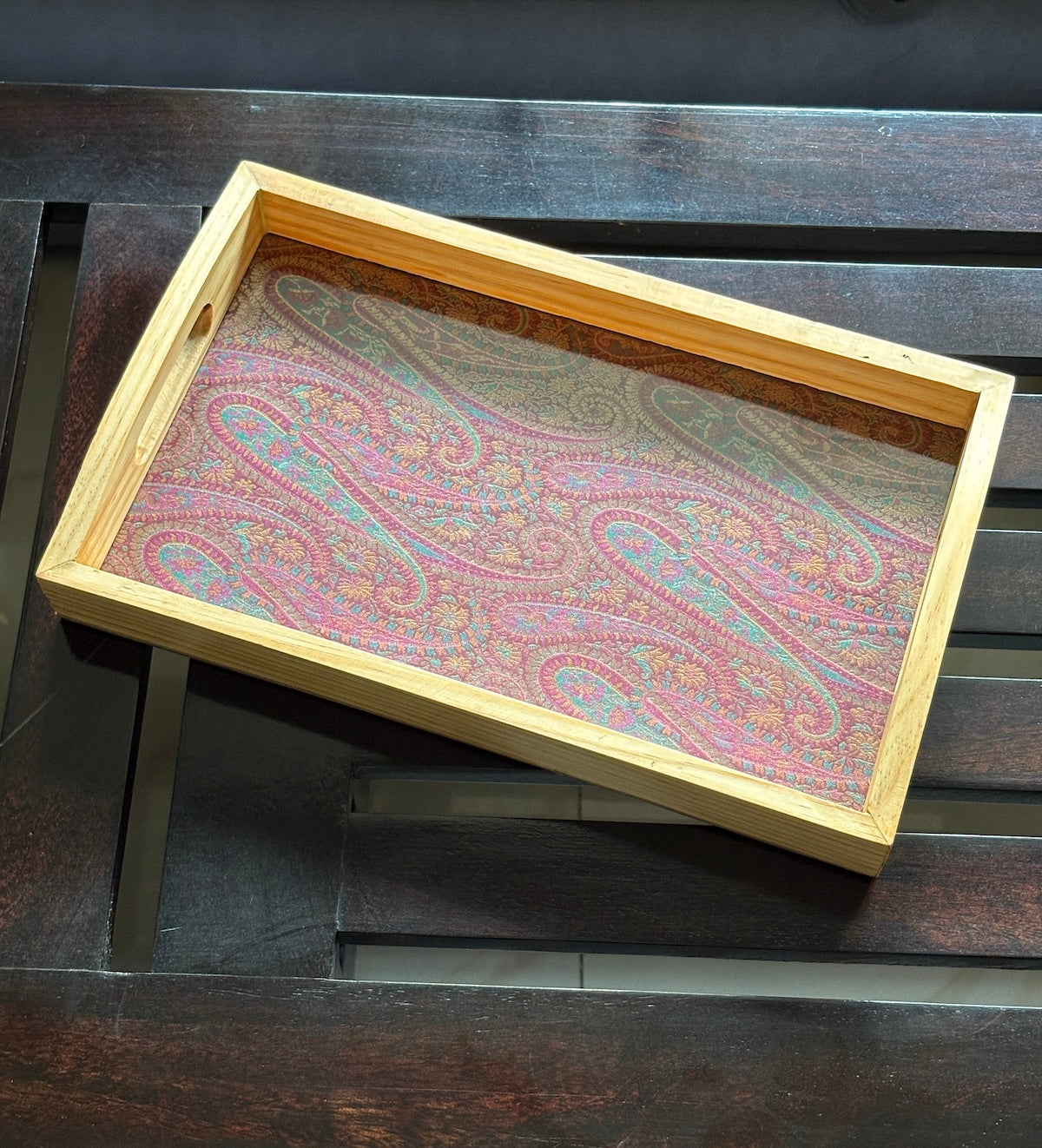 Handcrafted Traditional Festive Gul Ambi Brocade Upcycled Fabric Wooden Rectangular Tray – 14" x 8.5"