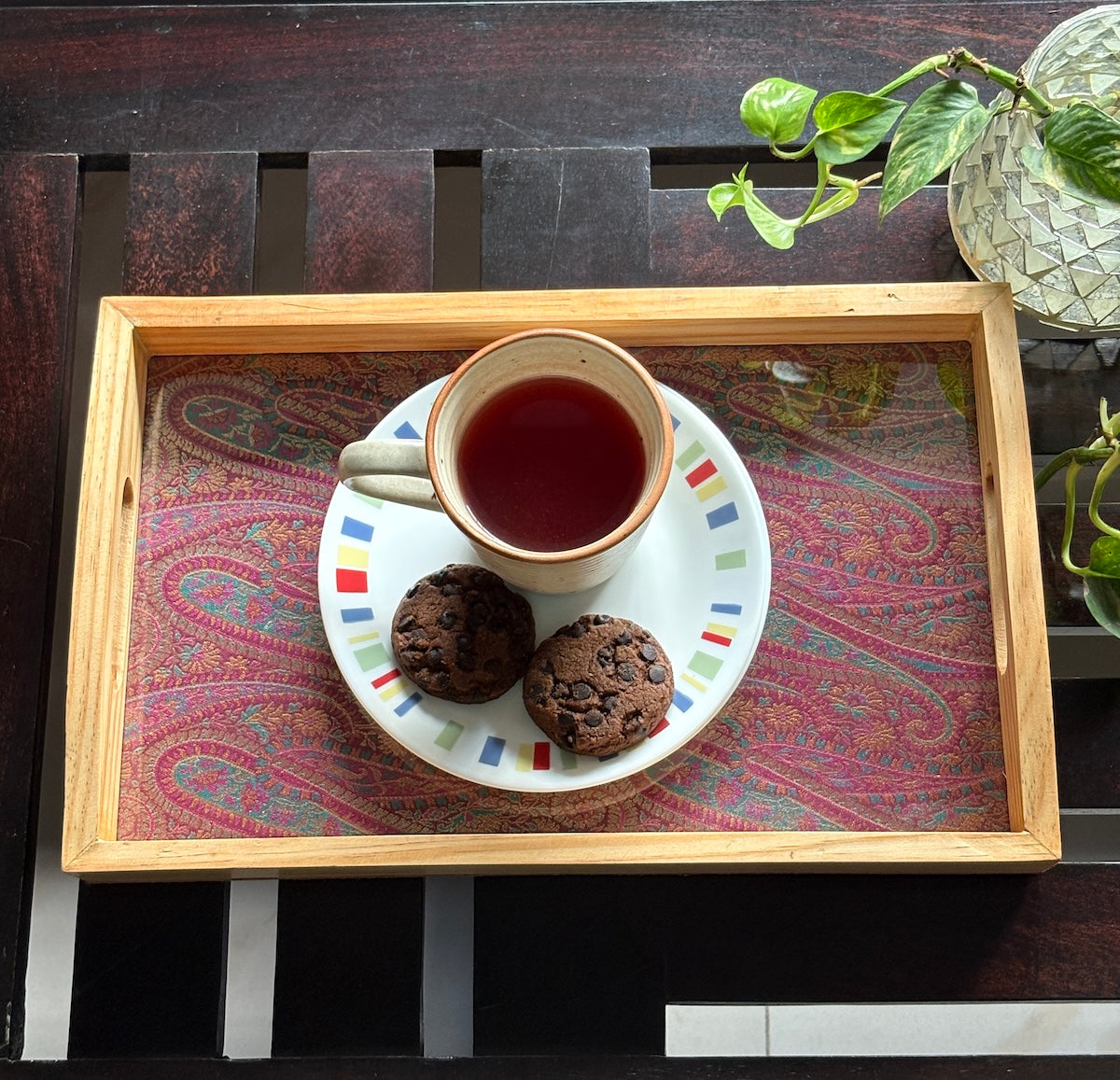Handcrafted Traditional Festive Gul Ambi Brocade Upcycled Fabric Wooden Rectangular Tray – 14" x 8.5"