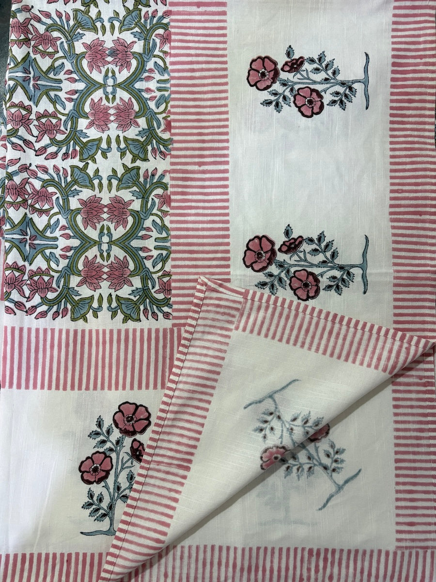 Gul Angan Vatika Jaipur - Hand Block - Printed - 100% Cotton -  Table Cover -6 Seater White-Pink 60" x 90"