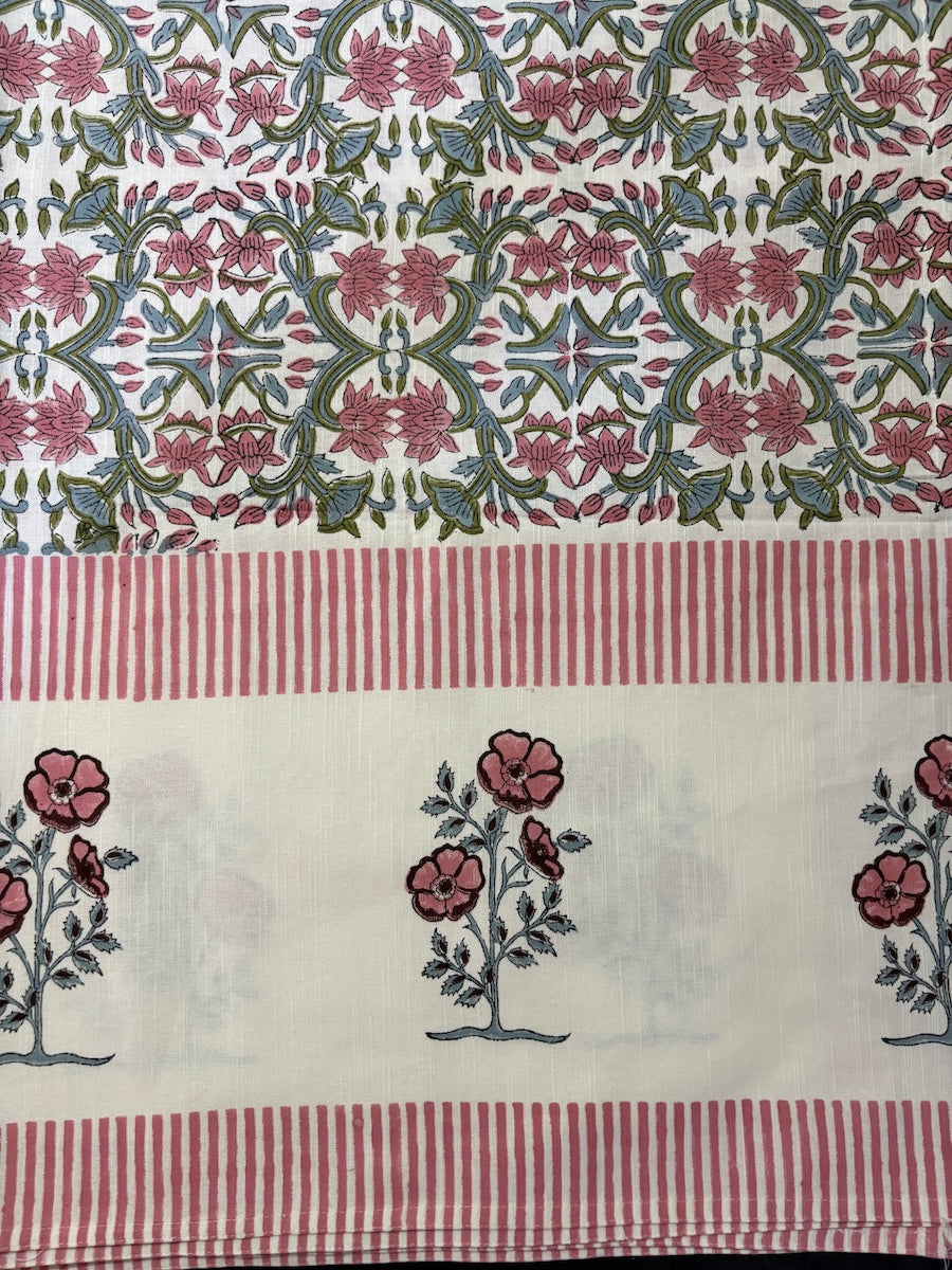 Gul Angan Vatika Jaipur - Hand Block - Printed - 100% Cotton -  Table Cover -6 Seater White-Pink 60" x 90"
