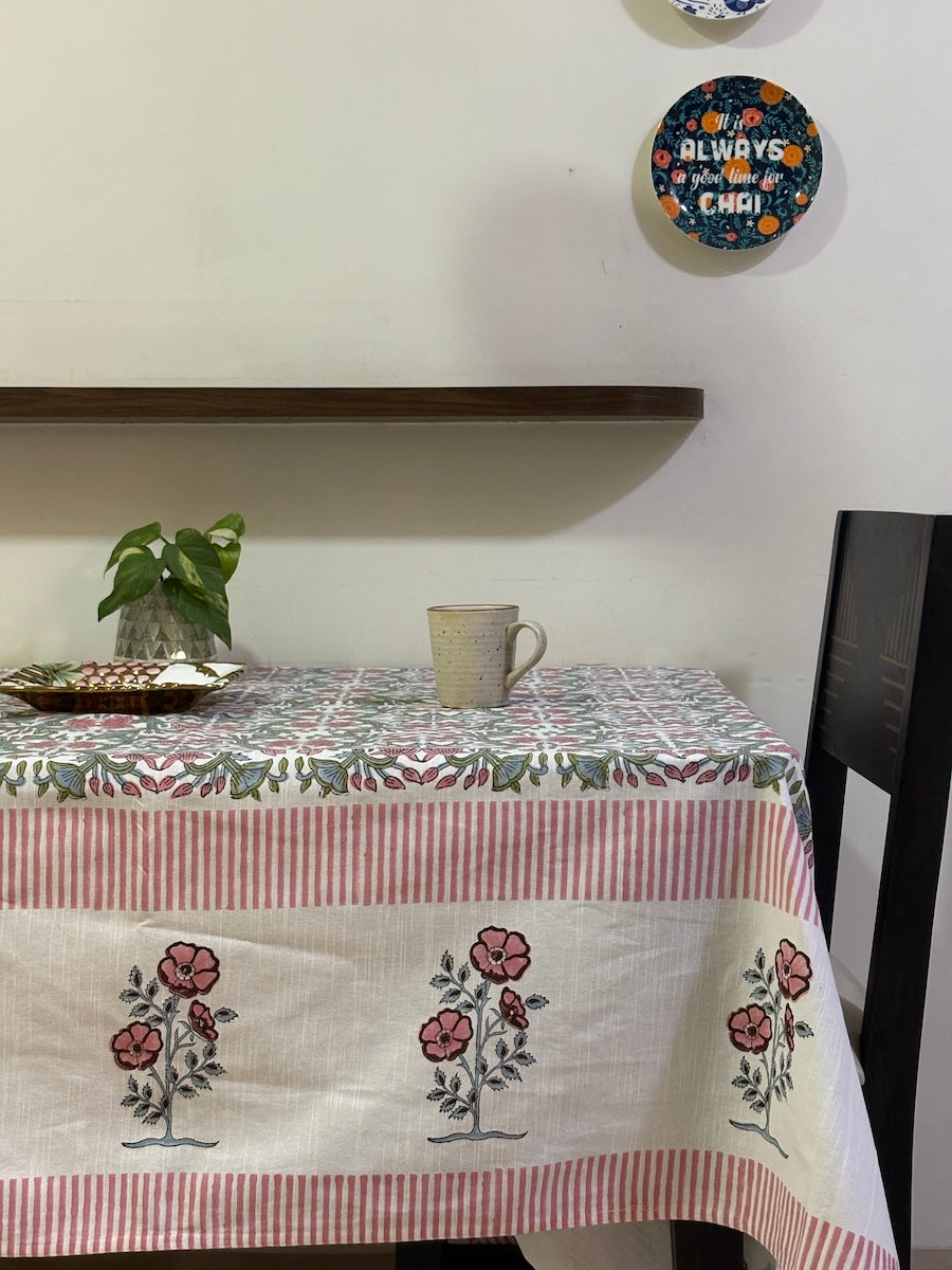Gul Angan Vatika Jaipur - Hand Block - Printed - 100% Cotton -  Table Cover -6 Seater White-Pink 60" x 90"