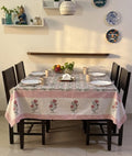 Gul Angan Vatika Jaipur - Hand Block - Printed - 100% Cotton -  Table Cover -6 Seater White-Pink 60" x 90"