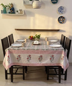 Gul Angan Vatika Jaipur - Hand Block - Printed - 100% Cotton -  Table Cover -6 Seater White-Pink 60" x 90"