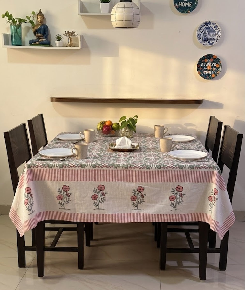 Gul Angan Vatika Jaipur - Hand Block - Printed - 100% Cotton -  Table Cover -6 Seater White-Pink 60" x 90"