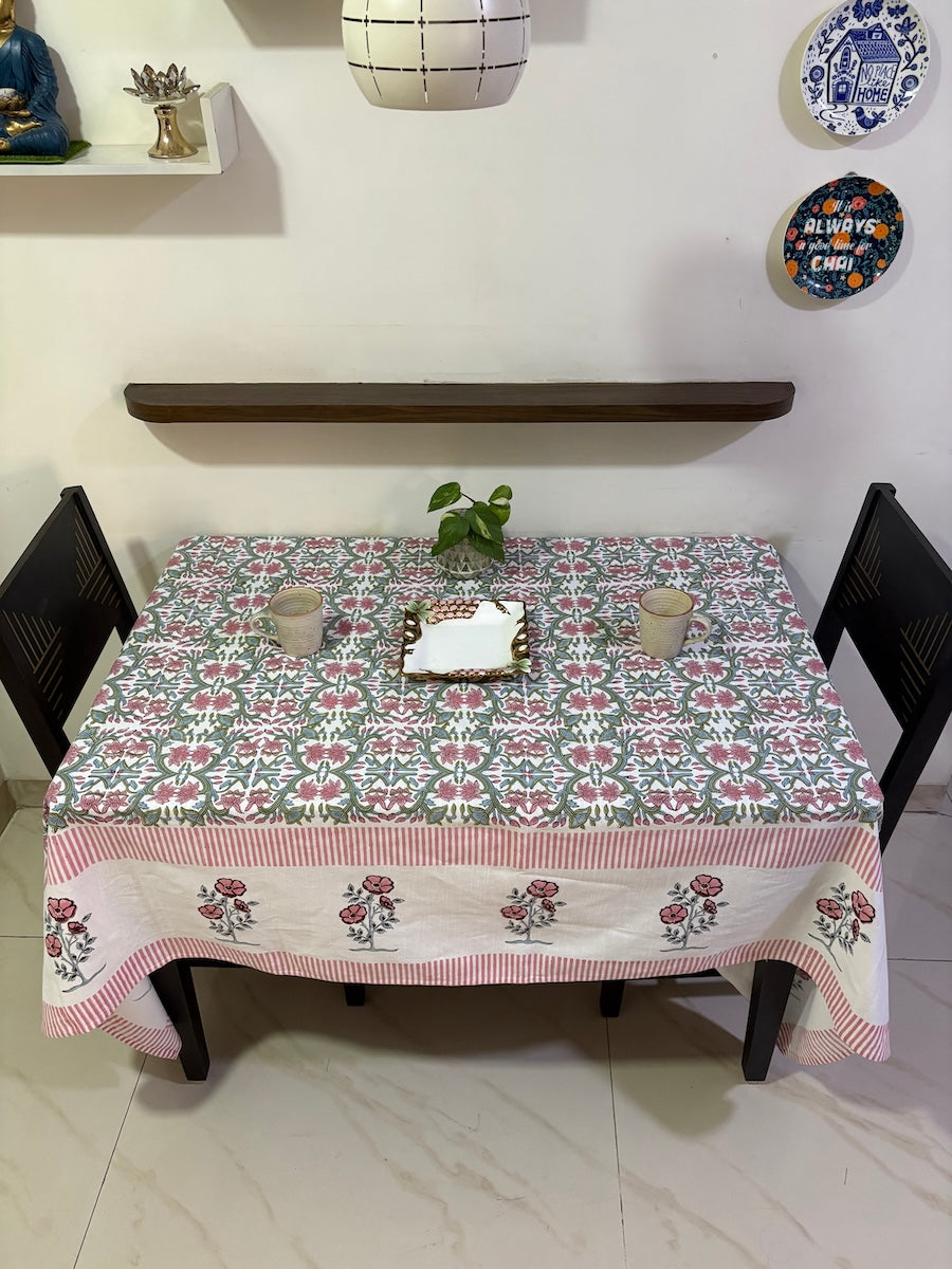 Gul Angan Vatika Jaipur - Hand Block - Printed - 100% Cotton -  Table Cover -6 Seater White-Pink 60" x 90"