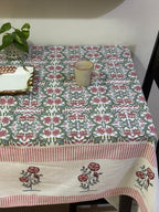 Gul Angan Vatika Jaipur - Hand Block - Printed - 100% Cotton -  Table Cover -6 Seater White-Pink 60" x 90"