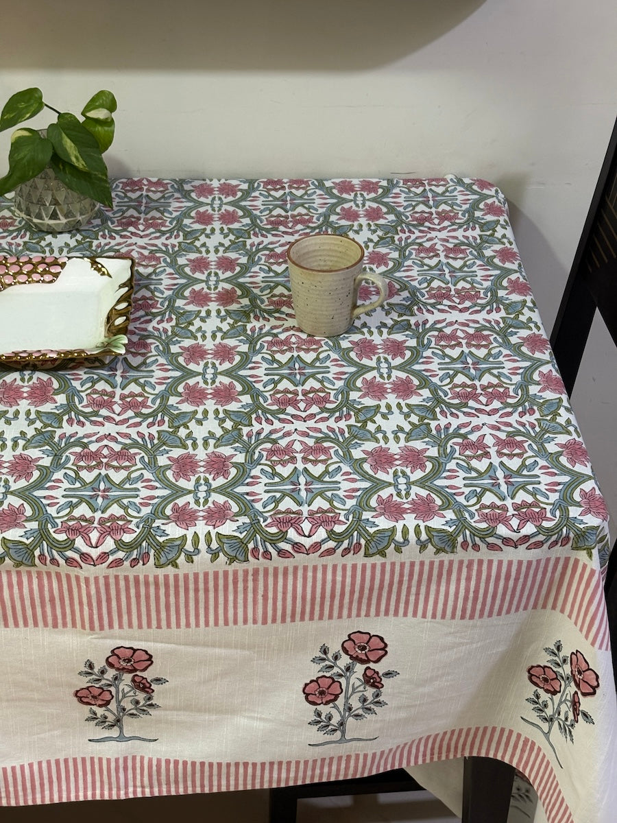 Gul Angan Vatika Jaipur - Hand Block - Printed - 100% Cotton -  Table Cover -6 Seater White-Pink 60" x 90"