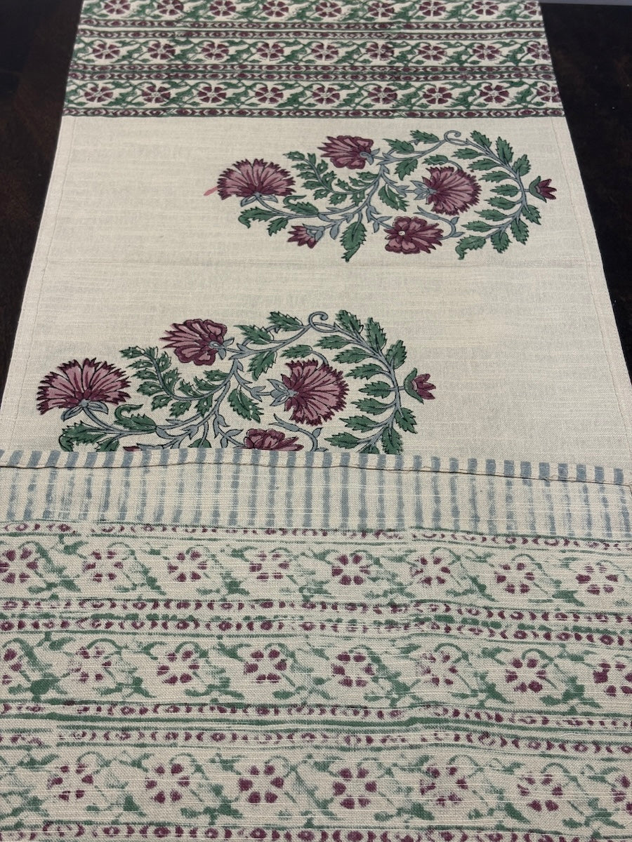 Gul Pankhudi Buti Jaipur - Hand Block - Printed - 100% Cotton -  Table Runner Cream-Pink 13" x 72"