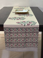 Gul Pankhudi Buti Jaipur - Hand Block - Printed - 100% Cotton -  Table Runner Cream-Pink 13" x 72"