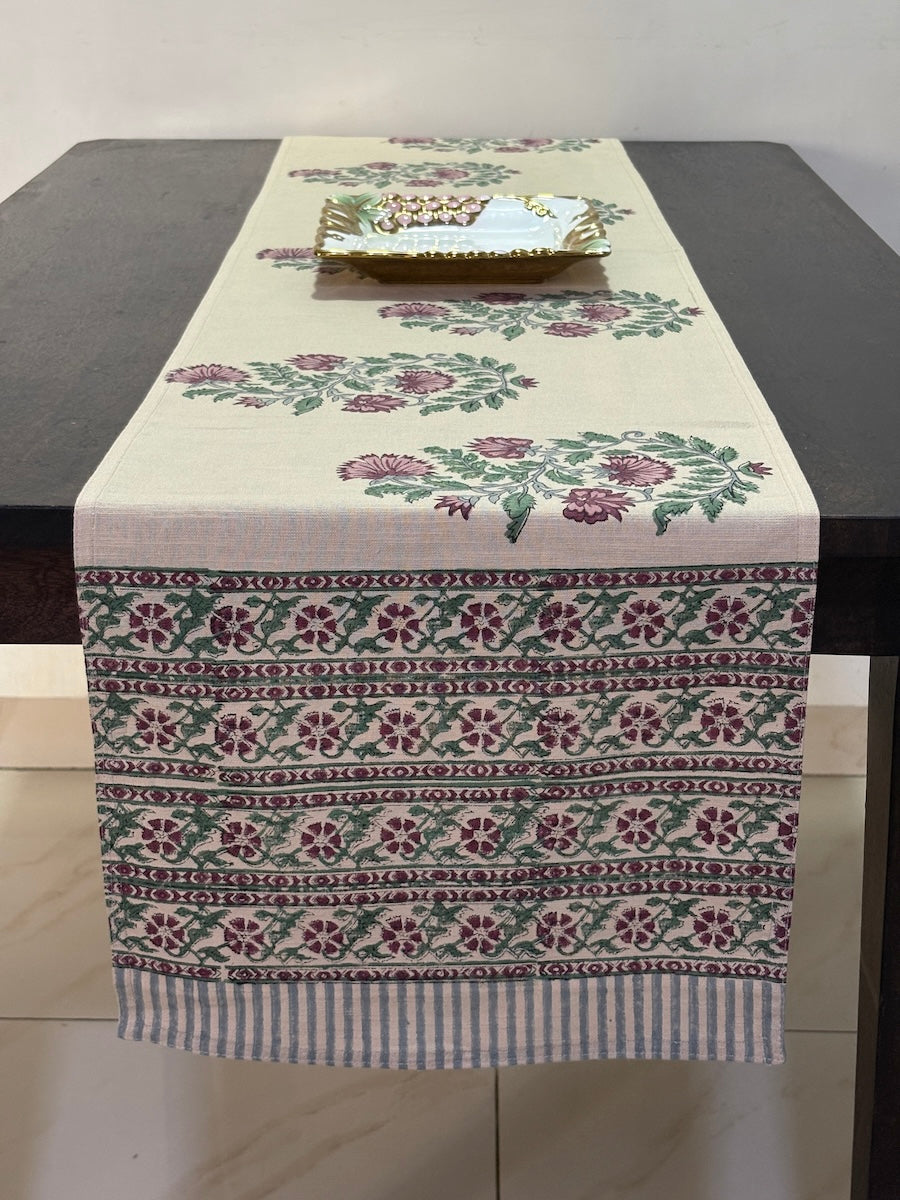 Gul Pankhudi Buti Jaipur - Hand Block - Printed - 100% Cotton -  Table Runner Cream-Pink 13" x 72"