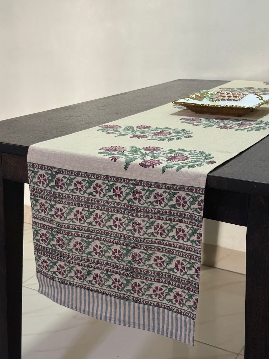 Gul Pankhudi Buti Jaipur - Hand Block - Printed - 100% Cotton -  Table Runner Cream-Pink 13" x 72"