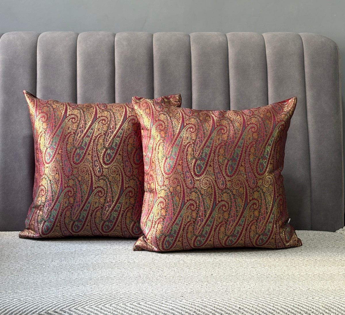 Gul Ambi- Maroon Banarasi Brocade- Cushion Cover Set of 2- 16"x16"