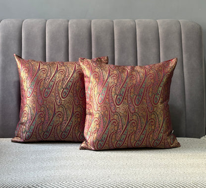 Gul Ambi- Maroon Banarasi Brocade- Cushion Cover Set of 2- 16"x16"