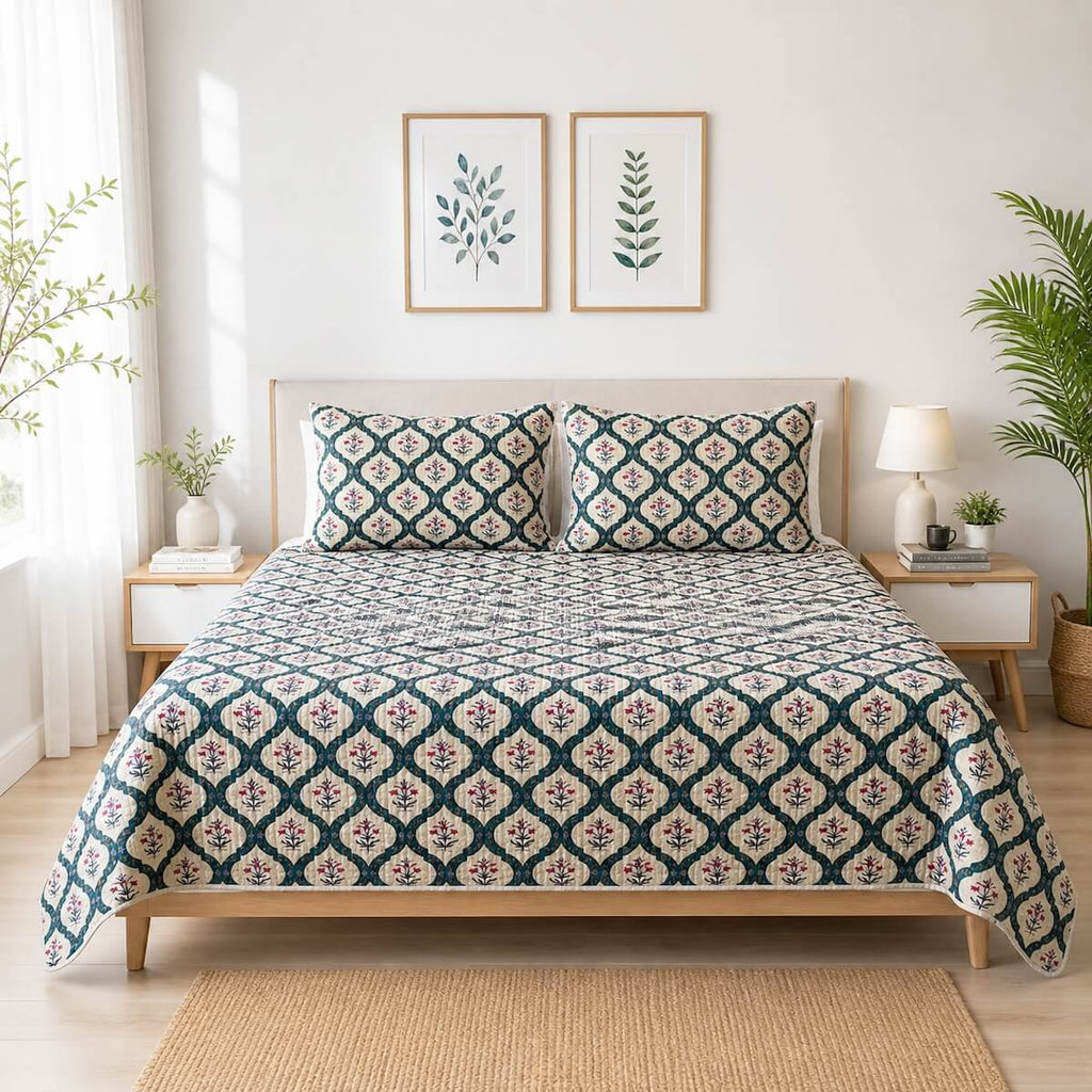 Gulpari Jaipur-Block Printed- 100% Cotton -  Bed Cover-Quilt-King Size Cream-Green 100" x 108"