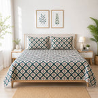Gulpari Jaipur-Block Printed- 100% Cotton -  Bed Cover-Quilt-King Size Cream-Green 100" x 108"