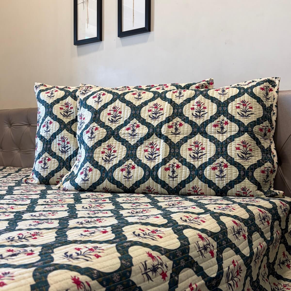 Gulpari Jaipur-Block Printed- 100% Cotton -  Bed Cover-Quilt-King Size Cream-Green 100" x 108"