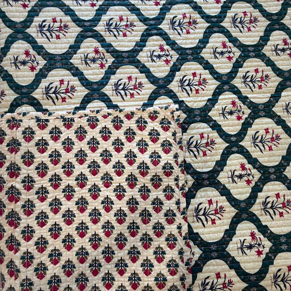 Gulpari Jaipur-Block Printed- 100% Cotton -  Bed Cover-Quilt-King Size Cream-Green 100" x 108"