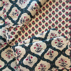 Gulpari Jaipur-Block Printed- 100% Cotton -  Bed Cover-Quilt-King Size Cream-Green 100" x 108"